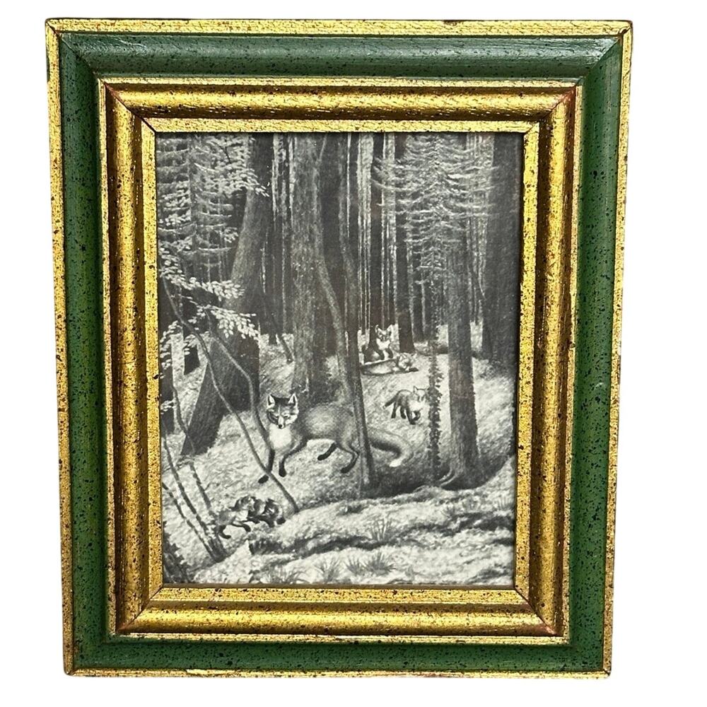 Vintage 1938 fox print wood gilt frame 5.5x7 woodland cabin cottage forest decor